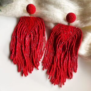 Luxe Crimson Handmade Beaded Tassel Earrings