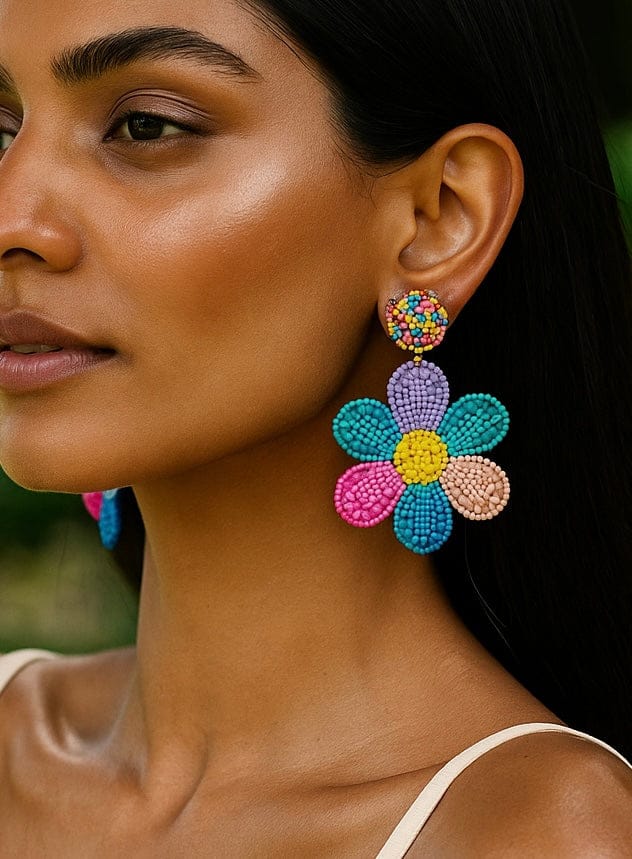 Rainbow Daisy Love Handmade Beaded Flower Earrings - Image 2